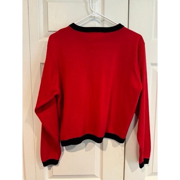 Vintage 90s Casual Corner Red Cardigan Sweater Black Trim Button Front Classic - Picture 5 of 6